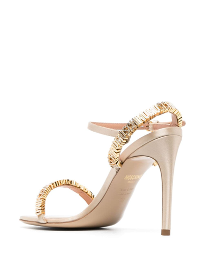 Shop Moschino 110mm Logo-lettering Silk-satin Sandals In Gold
