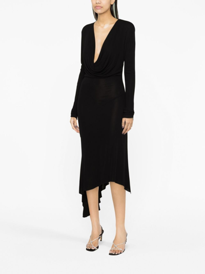 Shop Blumarine Plunging U-neck Long-sleeves Dress In Black