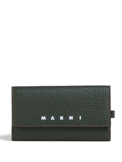 Shop Marni Logo-print Leather Key Case In Green