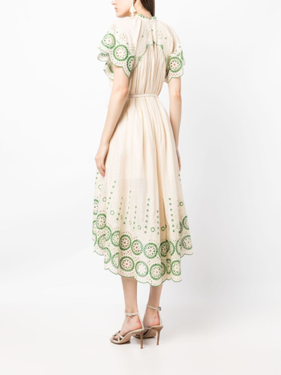 Shop Zimmermann Raie Embroidered Midi Dress In Neutrals