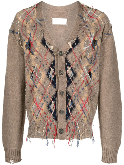 Shop Maison Margiela Decorative-stitching Patterned-intarsia Cardigan In Brown