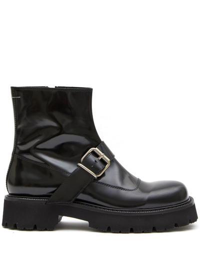 Shop Mm6 Maison Margiela Round-toe Leather Ankle Boots In Black