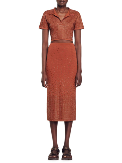 Shop Sandro Women's Rhinestone Embellished Midi Skirt In Brown