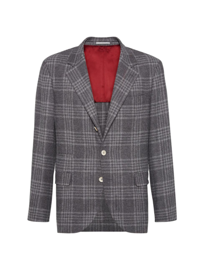 Shop Brunello Cucinelli Men's Frisé Wool, Silk And Cashmere Tartan Deconstructed Blazer In Medium Grey