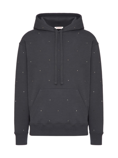 Shop Valentino Men's Cotton Hooded Sweatshirt With All-over Spike Studs In Grey
