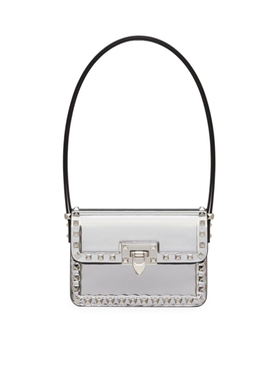 Shop Valentino Women's Small Rockstud 23 Mirror-effect Calfskin Shoulder Bag In Silver