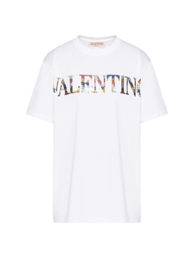 Shop Valentino Women's Embroidered Jersey T-shirt In White Multicolor