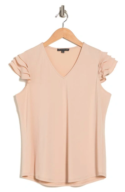 Shop Adrianna Papell V-neck Tiered Ruffle Sleeve Crepe Knit Top In Champagne Blush
