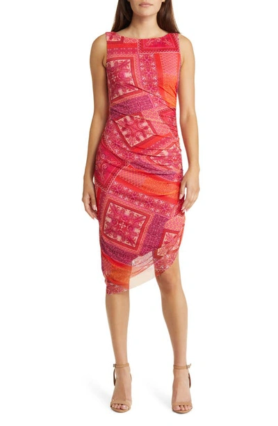 Shop Eliza J Patchwork Print Asymmetric Hem Sheath Dress In Red