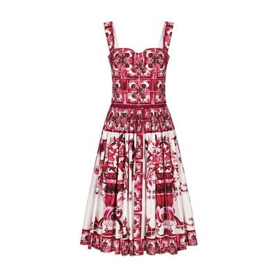 Shop Dolce & Gabbana Bustier Midi Dress In Majolica-print Poplin In Tris_maioliche_fuxia