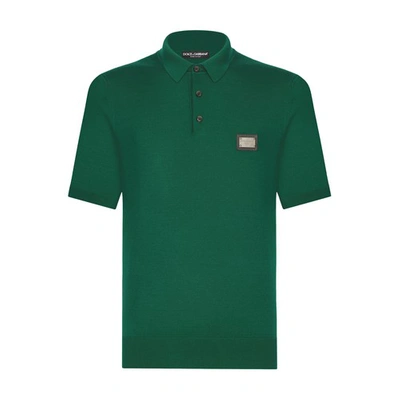 Shop Dolce & Gabbana Wool Polo-shirt With Branded Tag In Dark_musk_green