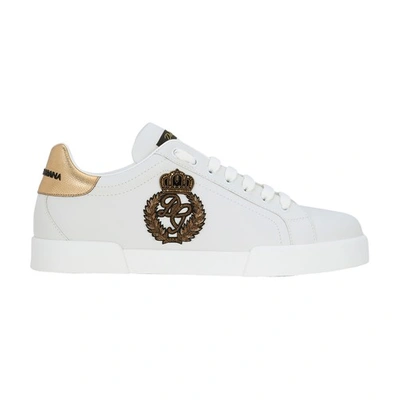 Shop Dolce & Gabbana Calfskin Nappa Portofino Sneakers With Crown Patch In White_dark_gold
