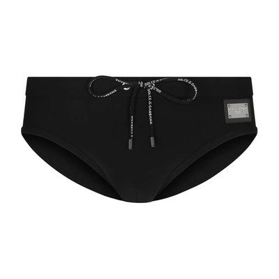 Shop Dolce & Gabbana Swim Briefs With High-cut Leg And Branded Plate In Black