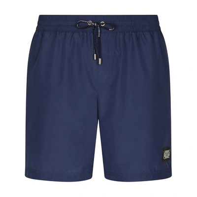 Shop Dolce & Gabbana Mid-length Swim Trunks With Branded Plate In Dark_blue