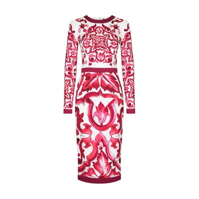 Shop Dolce & Gabbana Majolica-print Charmeuse Midi Dress In Tris_maioliche_fuxia