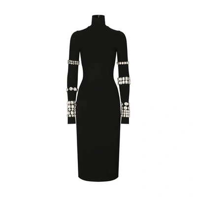 Shop Dolce & Gabbana Kim  Calf-length Dress In Jersey Milano Rib With Rhinestones In Embroidered