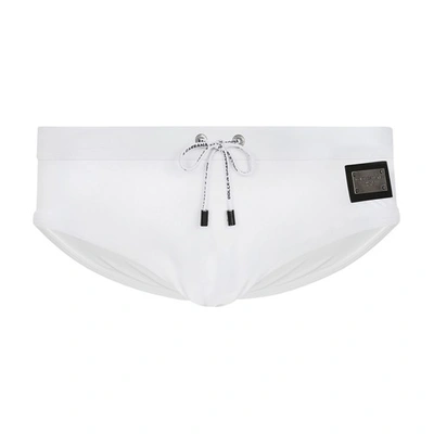 Shop Dolce & Gabbana Swim Briefs With High-cut Leg And Branded Plate In Optical_white