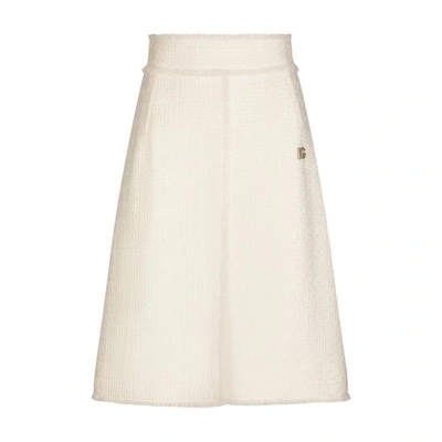 Shop Dolce & Gabbana Raschel Tweed Midi Skirt With Central Slit In Very_light_cream_whi