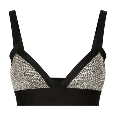 Shop Dolce & Gabbana Kim  Triangle Bra With Fusible Rhinestones In Silver_black