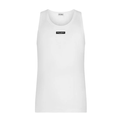 Shop Dolce & Gabbana Two-way Stretch Cotton Tank Top With Logo Label In Optical_white