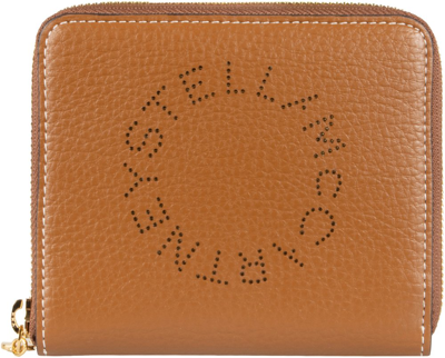 Shop Stella Mccartney Logo Grainy Studded Zipped Mini Wallet In Brown