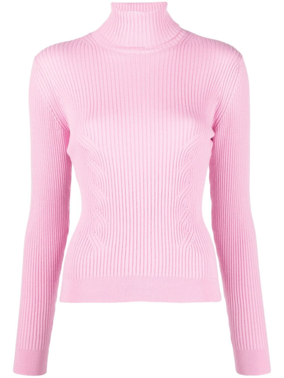 Shop Moschino Jeans Ribbed-knit High-neck Sweatshirt In Pink