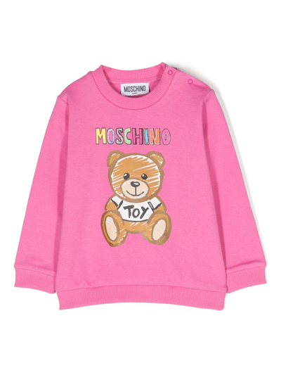 Shop Moschino Leo Teddy-print Jersey-fleece Sweatshirt In Pink