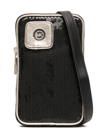Shop Michael Kors Sequin-embellished Logo Phone Bag In Black