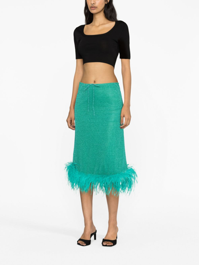 Shop Oseree Feather-trim Lurex Midi Skirt In Green