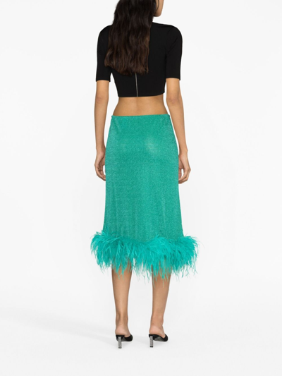 Shop Oseree Feather-trim Lurex Midi Skirt In Green