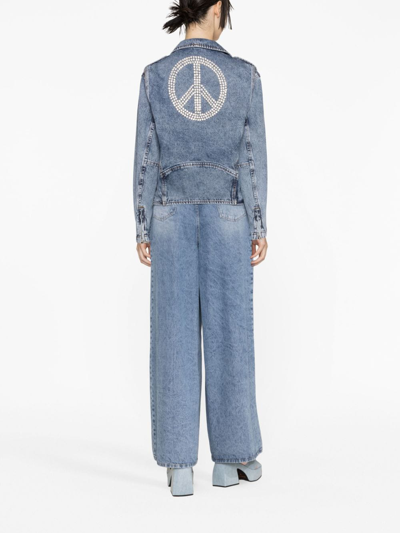 Moschino Jeans Crystal-embellished Denim Biker Jacket In Blue