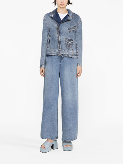 Moschino Jeans Crystal-embellished Denim Biker Jacket In Blue