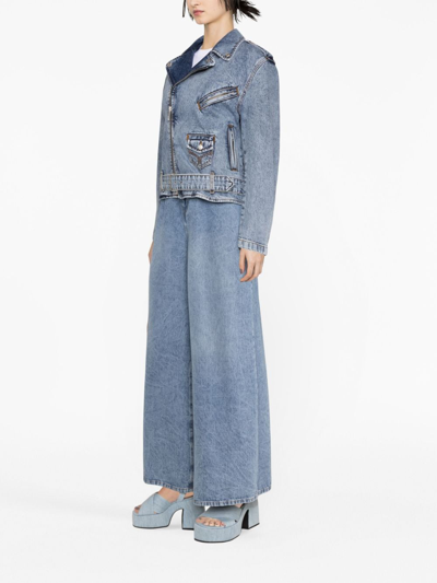 Moschino Jeans Crystal-embellished Denim Biker Jacket In Blue