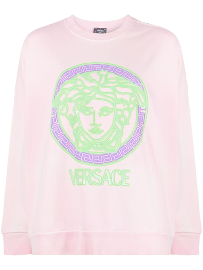 Versace Sweatshirt Sweatshirt Fabric Series Neon Effect Logo Print In Pink