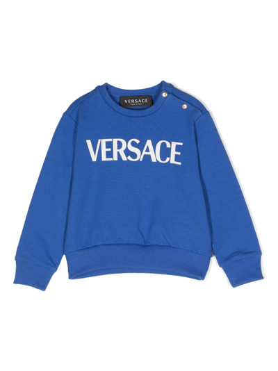 Shop Versace Logo-print Cotton Sweatshirt In Blue