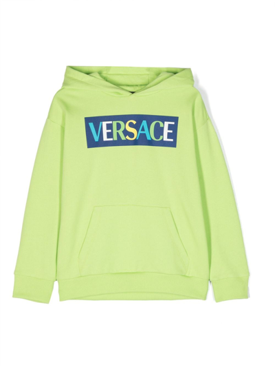Shop Versace Logo-print Jersey-fleece Hoodie In Green