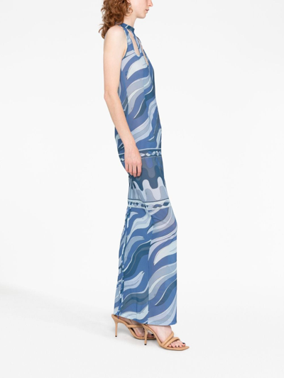 Shop Pucci Swirl-print Cut-out Mesh Dress In Blue