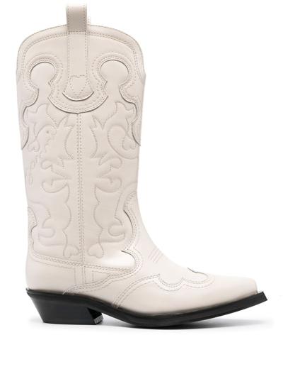 Shop Ganni 40mm Embroidered Mid-calf Western Boots In White