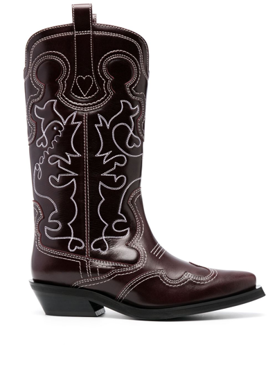 Shop Ganni Embroidered Mid-calf Western Boots In Red