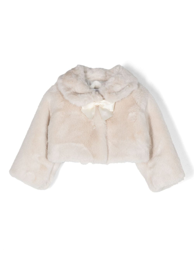 Shop Monnalisa Bow-detail Faux-fur Jacket In Neutrals