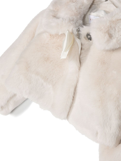 Shop Monnalisa Bow-detail Faux-fur Jacket In Neutrals