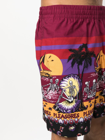 Shop Pleasures Illustration-print Cotton Deck Shorts In Purple