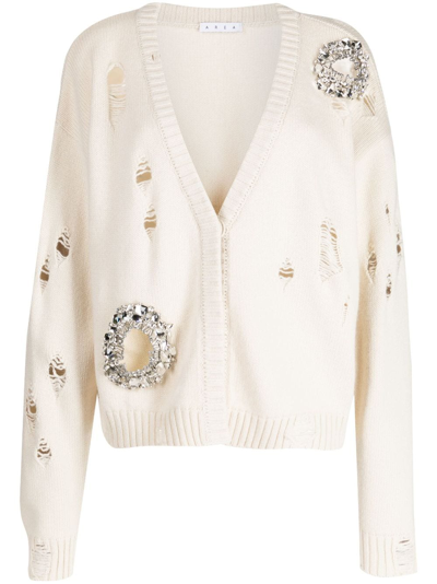 Shop Area Distressed-effect Crystal-embellished Cardigan In Neutrals