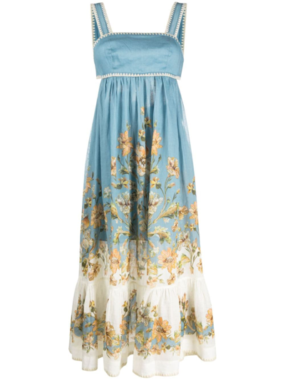 Shop Zimmermann Chintz Floral-print Ramie-voile Dress In Blue