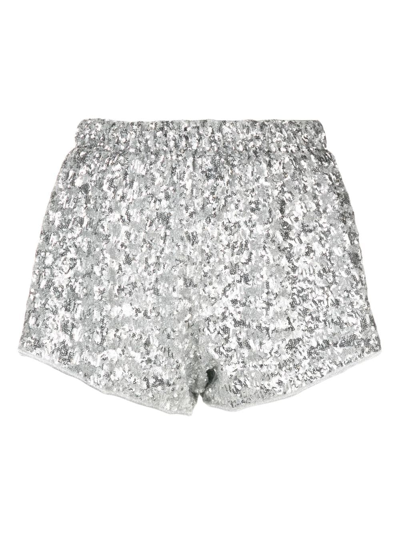 Shop Oseree Sequinned Elastic-waistband Shorts In Silver