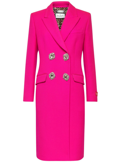 Shop Philipp Plein Crystal-embellished Wool Coat In Pink