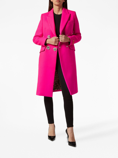 Shop Philipp Plein Crystal-embellished Wool Coat In Pink