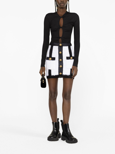 Shop Balmain Button-embellished Tweed Miniskirt In White