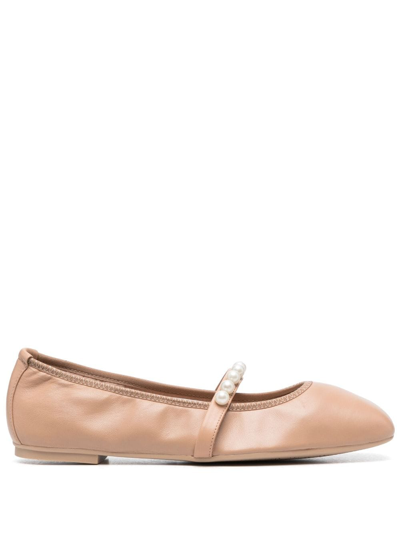 Shop Stuart Weitzman Goldie Pearl-embellished Leather Flats In Pink