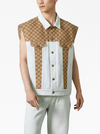 Shop Gucci Gg-canvas Panelled Denim Vest In Blue